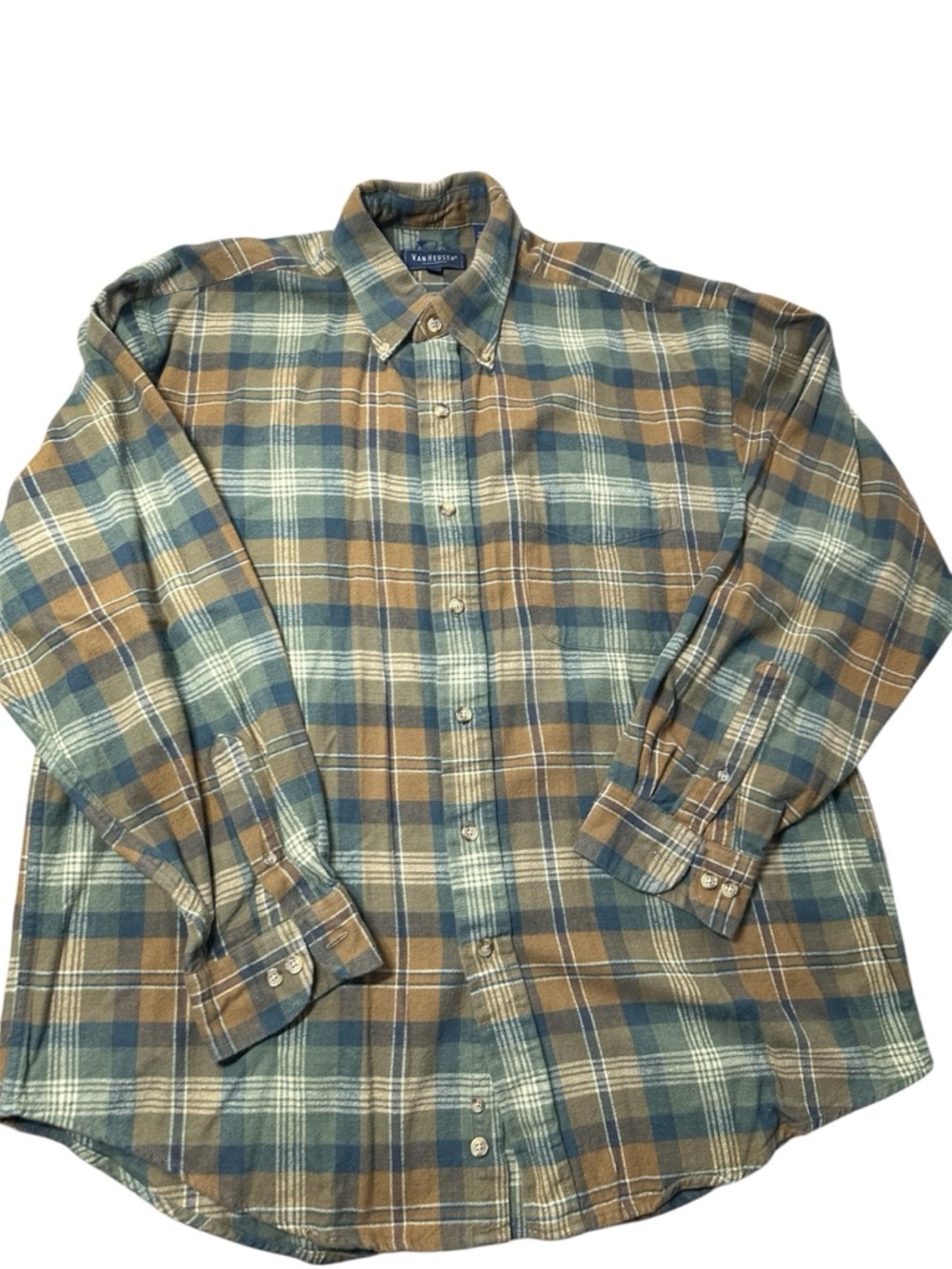 Van Heusen Plaid Button-Down Shirt in Tan, Green & Cream Mens large